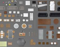 a large assortment of furniture and accessories arranged on a gray background, including bedding