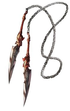 a necklace with two long knives attached to it