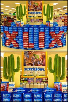 two pictures show the inside of a grocery store, and there are several stacks of soda cans stacked on top of each other