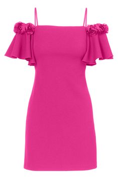 Small rosettes decorate the cold shoulders of a party-ready minidress with flouncy short sleeves. Hidden back-zip closure Square neck Cold-shoulder short sleeves Lined 95% polyester, 5% elastane Dry clean Imported Feminine Flutter Sleeve Mini Dress For Party, Feminine Mini Dress With Flutter Sleeves For Parties, Feminine Party Mini Dress With Flutter Sleeve, Flutter Sleeve Mini Dress For Party, Short Sleeve Mini Dress With Ruffles For Evening, Pink Flutter Sleeve Mini Dress For Party, Spring Solid Color Off-shoulder Mini Dress, Chic Cold Shoulder Fitted Mini Dress, Feminine Pink One-shoulder Mini Dress