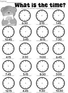 worksheet for telling time to the hour and two numbers with an image of a teddy bear