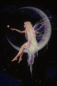 a fairy sitting on the moon with her hand out and pointing at something in the sky