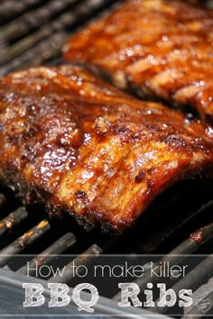 bbq ribs cooking on the grill with text overlay