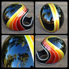 four different views of a motorcycle helmet with trees in the reflection and palm trees on it