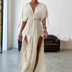 dress to impress codes 2024 Spring and Summer New V-neck Twist Split Loose Casual Street Lace-up Dress Women Dress Goddess, Greek Goddess Dress, Bohemian Summer Dresses, Long Summer Dress, Boho Styl, Goddess Costume, Dress Cottagecore, Goddess Dress, Photoshoot Dress