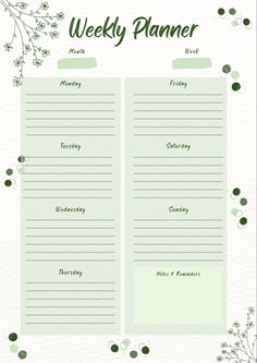 a printable weekly planner with green leaves and flowers on it, in front of a white background