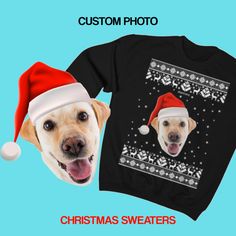 a dog wearing a santa hat next to a t - shirt with an ugly sweater on it