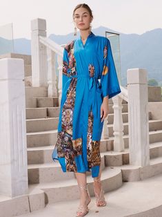 Blue Cathedral Kimono Robe Women Artwork Dressing Gown | Ulivary Elegant Wrap Robe For Vacation, Elegant Summer Robe With Kimono Sleeves, Elegant Long Robe For Vacation, Elegant Long Sleeve Robe For Vacation, Elegant Long Vacation Robe, Elegant Kimono Sleeve Robe For Vacation, Elegant Vacation Robe With Kimono Sleeves, Elegant Robe With Kimono Sleeves For Vacation, Silk Kimono For Evening And Summer