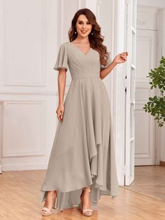 Satin Hoco Dress, Short Sleeves Dress, Cute V, Stretch Satin Dress, Wedding Veils Lace, Floor Length Chiffon Bridesmaid Dresses, Plus Size Bridesmaid, Chiffon Bridesmaid Dresses, Dusty Rose Dress