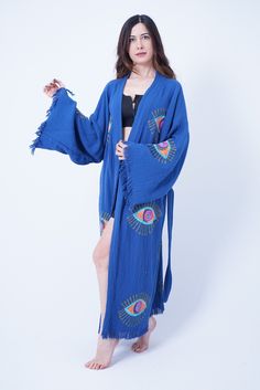 Handmade Evil Eye Boho Festival Kimono, Boho Beachwear, Beachwear Cover Up, Ethnic Kimono, Cardigan, Bathrobe, Morning Robe, Spa Robe - Etsy Bohemian Embroidered Kimono For Vacation, Traditional Summer Wrap Kaftan, Traditional Kimono For Beach Cover-up In Spring, Traditional Spring Kimono For Beach Cover-up, Folk Style Cotton Kimono For Spring, Beach Festival Kimono With Kimono Sleeves, Traditional Boho Print Kimono For Beach, Traditional Beach Kimono With Boho Print, Hippie Embroidered Kimono For Festival