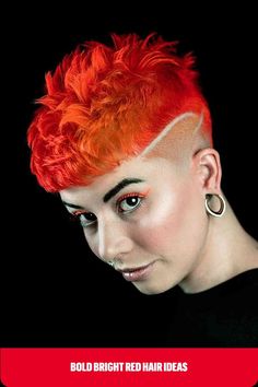 Bright Neon Red Pixie Cut with a Shaved Line and Textured Top Red Hair Colour Ideas, Layered Haircuts Blonde, Colored Pixie Cut, Pixie Cut Undercut, Balayage Wavy Hair, Bob Hairstyles Layered, Red Pixie Cut, Colored Pixie