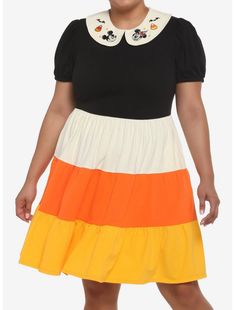 Her Universe Disney Halloween Candy Corn Collared Dress Plus Size Plus Size Hot, Mickey Mouse And Minnie Mouse, Plus Size Halloween Costume, Costumes For Teens, Halloween Candy Corn, Skirt Pockets, Her Universe, Plus Size Halloween, Collared Dress