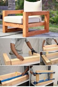 the steps to make a chair out of wood are shown in several different pictures, including one