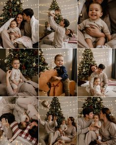 a collage of photos with a baby and family in front of a christmas tree