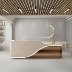 the interior of an office with white walls and wooden ceilinging, including a curved counter