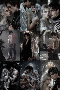 several different pictures of people in black and white outfits, one is kissing the other