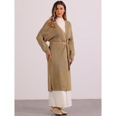 Elevate your style effortlessly with the Allegra K Women's Long Cardigan. This chic piece combines comfort and elegance, making it a versatile addition to any wardrobe.

- Material: Soft, stretchy knit fabric
- Features: Open front, long sleeves, belted waist
- Color: Khaki
- Size: Medium
- Gender: Female
- Age Group: Adult

Perfect for layering, this cardigan is ideal for a polished look over dresses or a casual ensemble with jeans. Its timeless design ensures it will be a favorite for seasons Elegant Soft Knit Solid Color Cardigan, Elegant V-neck Soft Knit Outerwear, Elegant V-neck Textured Knit Outerwear, Chic V-neck Sweater Coat In Soft Knit, Chic V-neck Soft Knit Sweater Coat, Elegant V-neck Knit Sweater Coat, Elegant Soft Knit Sweater Coat For Spring, Beige Soft Knit Sweater Coat For Work, Spring Workwear Knitted Sweater Coat