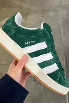 Click the pin to shop Adidas Campus OG in Velvet Green, suede, three striped, lace, white lining, brown sole Green Suede, Shoe Shop, Trend Setter, Shoes Mens