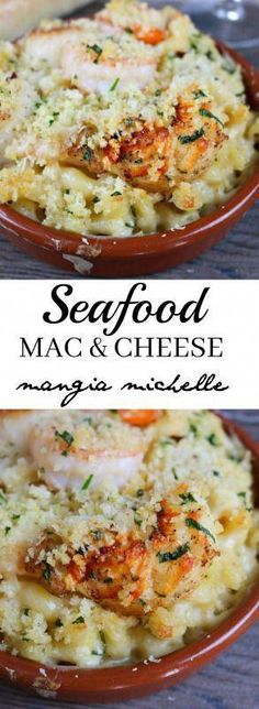 seafood macaroni and cheese in a brown bowl