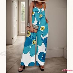 Qteee - Wide-Leg Jumpsuit with Printed Pattern and Loose Fit Sequin Jumpsuit, Daily Dress, Swimwear Cover, Lace Mini Dress, Wide Leg Jumpsuit, Guest Dresses, Printed Design, Pants Outfit, Boho Dress