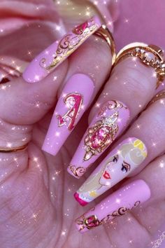 Sleeping Beauty Nails Acrylic, Fairytale Nail Designs, Sleeping Beauty Nail Art, Aurora Sleeping Beauty Nails, Princess Aurora Nails, Disney Nails Princess, Princess Nails Acrylic