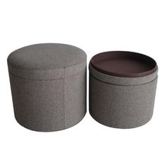 two grey round storage boxes with lids