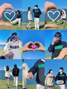 a collage of photos showing two people holding a heart shaped object in their hands