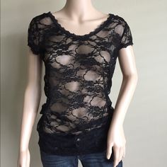 Nwt Black Floral Stretchy Lace Shirt. Lace Trim At Neck And Sleeves. Longer Length For Great Layering. See Pics For Measurements And Fabric Content Pet/Smoke Free Home Offers Considered Bundle And Save $ Sign Up For Ibotta Using My Code ( Lmeuken ) And Save Even More. All Items Cross Posted. Get Them Before They're Gone! Please Note: I Use Minimal Packaging To Reduce Waste. Black Lace Top With Short Sleeves, Black Lace Short Sleeve Tops, Fitted Sheer Lace Top With Short Sleeves, Sheer Lace Short Sleeve Top, Casual Fitted Mesh Top With Lace Details, Casual Stretch Mesh Top With Lace, Black Lace Crew Neck Top, Black Lace Tops For Layering, Short Sleeve Lace Top For Night Out