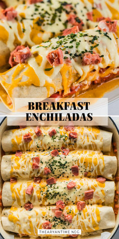 breakfast enchiladas in a casserole dish with text overlay