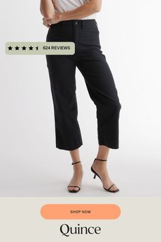 These stretch cotton twill high-waisted wide-leg pants are perfect to pair with shorter tops. Featuring a flattering cropped length, they're soft with a bit of stretch for extra comfort and the perfect fit.  | Quince | Women's Cropped Wide-Leg Chino Pants in Black, Stretch Cotton Twill, Size 29 Wide Leg Cotton Workwear Bottoms, Wide Leg Cotton Bottoms For Work, Chic Cotton Ankle-length Chinos, Chic Relaxed Fit Cotton Wide Leg Pants, Chic Cotton Wide Leg Pants With Relaxed Fit, Chic Cotton Wide Leg Pants For Business Casual, Chic Wide Leg Cotton Pants For Work, Cotton Wide Leg Bottoms For Business Casual, Cotton Wide-leg Chinos For Work