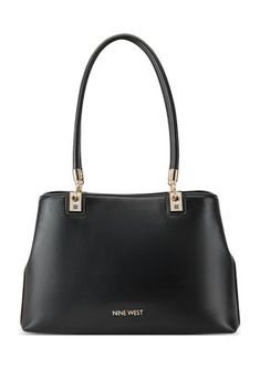 Nine West's designer Donella Carryall Tote features comfortable tubular handles and a soft lamb-like material with beautiful gold-tone metal hardware. | Nine West Donella Carryall Tote, Black Carryall Tote, Metal Hardware, Gold Tone Metal, Nine West, Tote Handbags, Purses And Handbags, Gold Tones, Handles, Handbags