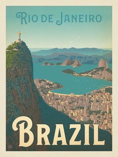 a poster advertising rio de janiero, brazil with the city and mountains in the background