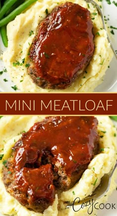 mini meatloaf with a red glaze on top of mashed potatoes Meatloaf Recipes For Two People, Single Serving Meatloaf, Meatloaf Mini Loaves, Ground Beef Mini Meatloaf, Bbq Mini Meatloaf, Mini Loaf Pan Dinner Recipes, Best Mini Meatloaf Recipes, Personal Meatloaf Recipe, Meatloaf For One Person