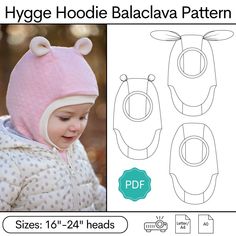 a baby wearing a pink hat and jacket with ears on it, next to an image of