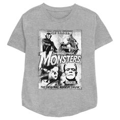 Go back to the roots of with these fun classic monster designs from Universal Studios. You'll look your scariest in graphic apparel featuring your favorite ghouls from iconic horror films, mwahahaha! This Original Monster Flicks Women's Relaxed Fit Graphic T-Shirt features a distressed black-and-white poster with Dracula, Elizabeth Frankenstein, Gill-man, The Monster, the classic Universal Studios Monsters logo, and the words: "Weird! Startling! Unbelievable!" printed across the front. These ret Elizabeth Frankenstein, Horror Classics, Universal Studios Monsters, Original Monster, Classic Poster, Horror Monsters, Retro Images, Horror Show, Universal Monsters