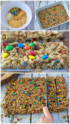 cereal bars, oatmeal bars, and candy bars are shown in three different pictures