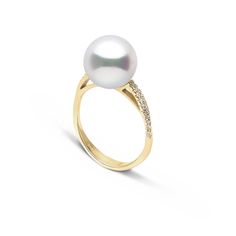 The gracefully curved solid gold and diamond band elegantly supports the lustrous 10.0-11.0 mm White South Sea pearl. Primarily grown in pristine, remote regions of the Northwestern Australia, white South Sea pearls come from a special type of pearl oyster known as the silver-lip. These large oysters produce the world's largest and most valuable pearls of 100% natural color. Modern Yellow Gold Pearl Ring For Formal Occasions, Elegant Diamond Ring With Single Cut Diamonds, Elegant Rings With Pave Setting, Elegant Diamond White Rings For Formal Occasions, Elegant Pearl Ring With Diamond In Round Cut, Refined White Diamond Ring For Formal Occasions, Elegant Akoya Pearl Rings In Diamond White, Elegant Yellow Gold Rings, Elegant White Rings With Pave Setting