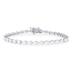 Delicately crafted, this stunning seven inch tennis bracelet features 34 pear shape diamonds totaling 4.50 carats. Each diamond weighs 0.13 carats. Pear-shaped Brilliant Cut Diamond Bracelet For Formal Occasions, Formal Pear-shaped Brilliant Cut Diamond Bracelet, Pear Tennis Bracelet, Pear-shaped Diamond Bracelet With Brilliant Cut, Pear-shaped Brilliant Cut Diamond Bracelets, Elegant Pear-shaped Diamond Bracelet For Anniversary, Elegant Pear-shaped Brilliant Cut Diamond Bracelet, Formal Pear-shaped Tennis Bracelet, White Gold Pear-shaped Cubic Zirconia Bracelets