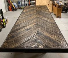 a table made out of wood in a garage