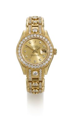 "Rolex A LADY'S YELLOW GOLD DIAMOND-SET AUTOMATIC CENTRE SECONDS WRISTWATCH WITH DATE AND BRACELET REF 69298 CASE W772484 DATEJUST CIRCA 1995 ca. 2135 automatic lever movement, 29 jewels ; champagne sunburst dial, diamond-set indexes, outer minute track, magnified aperture for date ; 18k yellow gold Oyster case with diamond-set bezel, screw-down crown and back ; case, dial and movement signed ; with an 18k yellow gold diamond-set Pearlmaster bracelet" (quote) via sothebys.com Gold Diamond Watches, Gold Diamond Studs, Fancy Jewellery Designs, Antique Watches, Rolex Watch