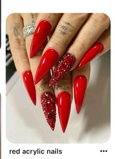 Red Chrome Stiletto Nails, Red Nails Jewels, Red Nails Stones, Red Christmas Stiletto Nails, Red Bling Acrylic Nails, Bling Red Nails, Red Blinged Out Nails, Red Diamond Nails, Holiday Fingernails