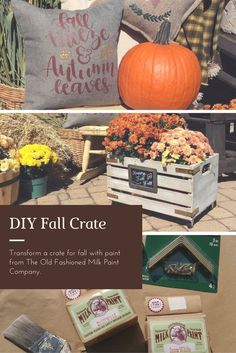 some pumpkins, pillows and other items are on display in this collage with the words diy fall crate