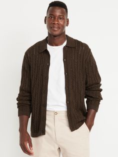 spread collar long sleeves button front cable-knit pattern relaxed fit hits at hip model is approx.  6'1" and wears size mmachine wash according to the care instruction label  . Best Holiday gift for Men , perfect Sweaters for Christmas! Casual Long Sleeve Polo Sweater With Button Closure, Casual Brown Polo Sweater, Brown Collared Polo Sweater, Casual Brown Collared Polo Sweater, Casual Brown Long Sleeve Polo Sweater, Casual Button-up Sweater With Ribbed Collar, Casual Relaxed Fit Button-up Polo Sweater, Casual Long Sleeve Cable Knit Polo Sweater, Casual Cable Knit Polo Sweater