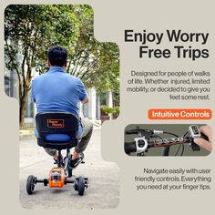 a man riding an electric scooter with the text, enjoy worry free trips