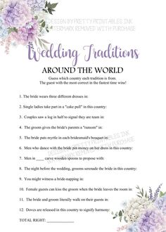 the wedding traditions around the world is shown in purple and blue flowers on white paper