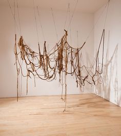 an art installation consisting of rope and wood in a white room with hard wood flooring