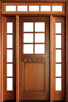 an open wooden door with two sidelights on each side and one side paneled in wood