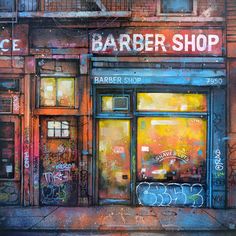 a painting of a barber shop with graffiti on it