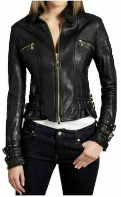 ★For Women's & Girls 100% ✔ Genuine High Qulaity Soft Lambskin Leather New Designer Cropped Motorcycle Biker Slim fit Leather Jacket Fantastic figure Design 2 zipper wallet pockets with a very Beautiful ♥ attractive look. Perfect for cocktail/ evening parties, nightclub, dance halls, proms, bar, club wear etc.(because Fashion always say looK at this) ★ALL SIZES ARE AVAILABLE AS PER SIZES POSTED BELLOW X-SMALL = SMALL = Medium = LARGE = X-LARGE = 2X-LARGE = 3X-LARGE ★We Can Also Manages Your Size Jaket Motor, Tough Clothes, Fitted Biker Jacket, Black Leather Motorcycle Jacket, Black Leather Biker Jacket, Lambskin Leather Jacket, Real Leather Jacket, Biker Leather, Lady Biker