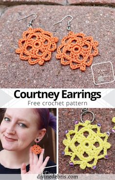 crocheted earrings with the words, free crochet pattern and instructions to make them